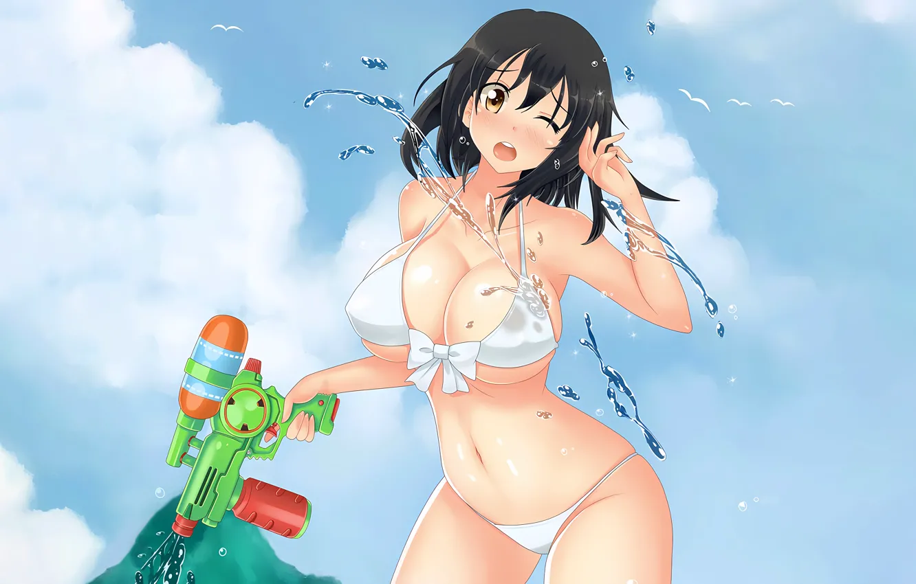 Photo wallpaper girl, sexy, cleavage, brown eyes, boobs, anime, water, beautiful