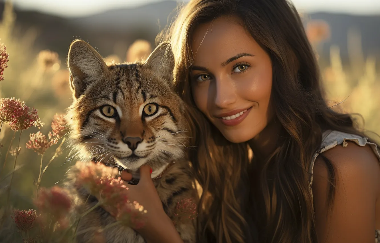 Photo wallpaper girl, nature, smile, portrait, lynx, AI art, neural network