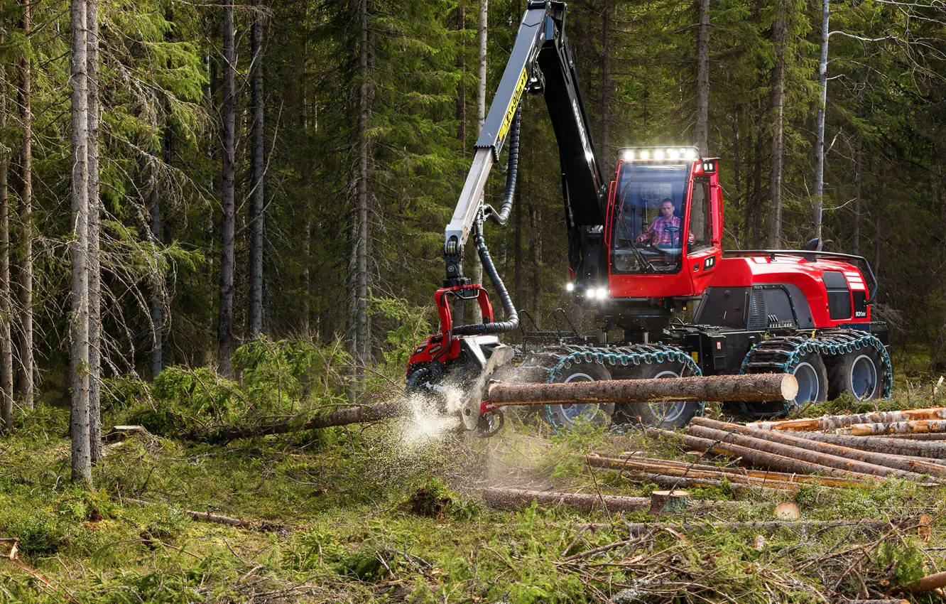 Photo wallpaper forest, light, red, wheel, driver, cabin, red, log