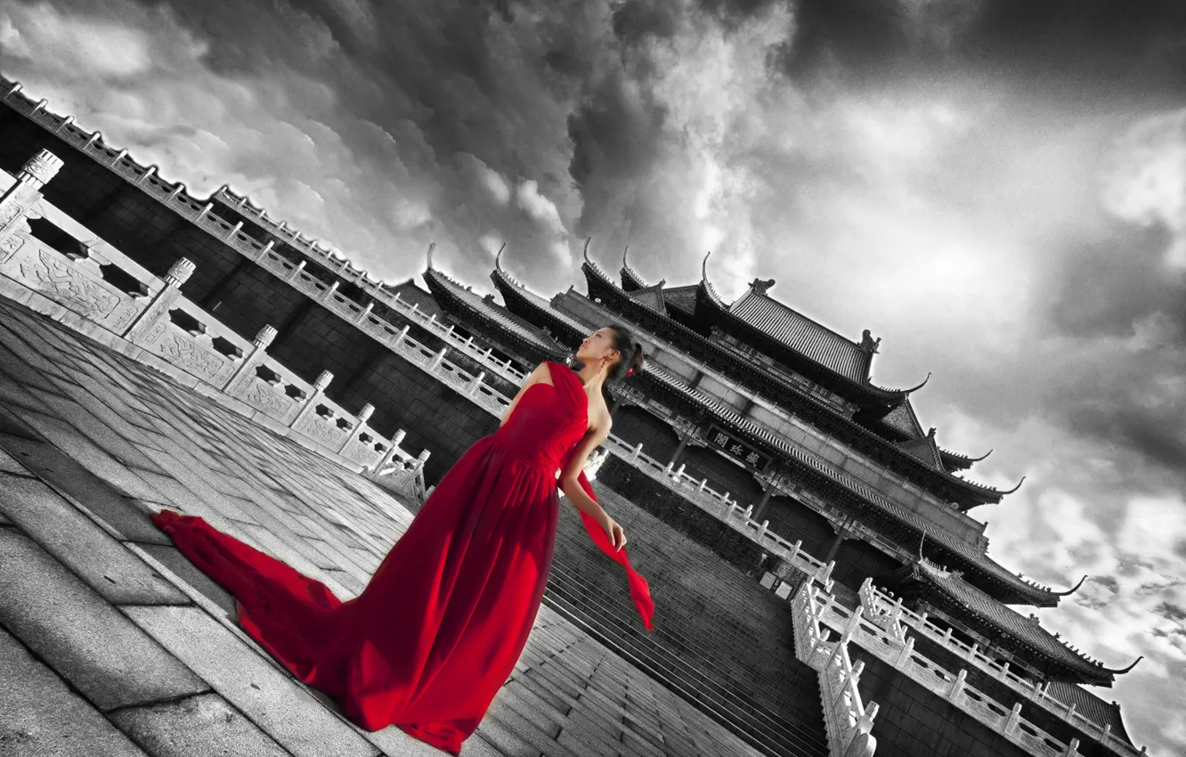 Photo wallpaper white, girl, red, black, China, Palace