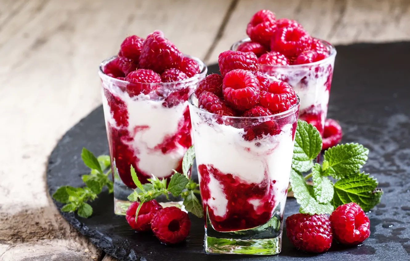 Photo wallpaper berries, raspberry, mint, yogurt