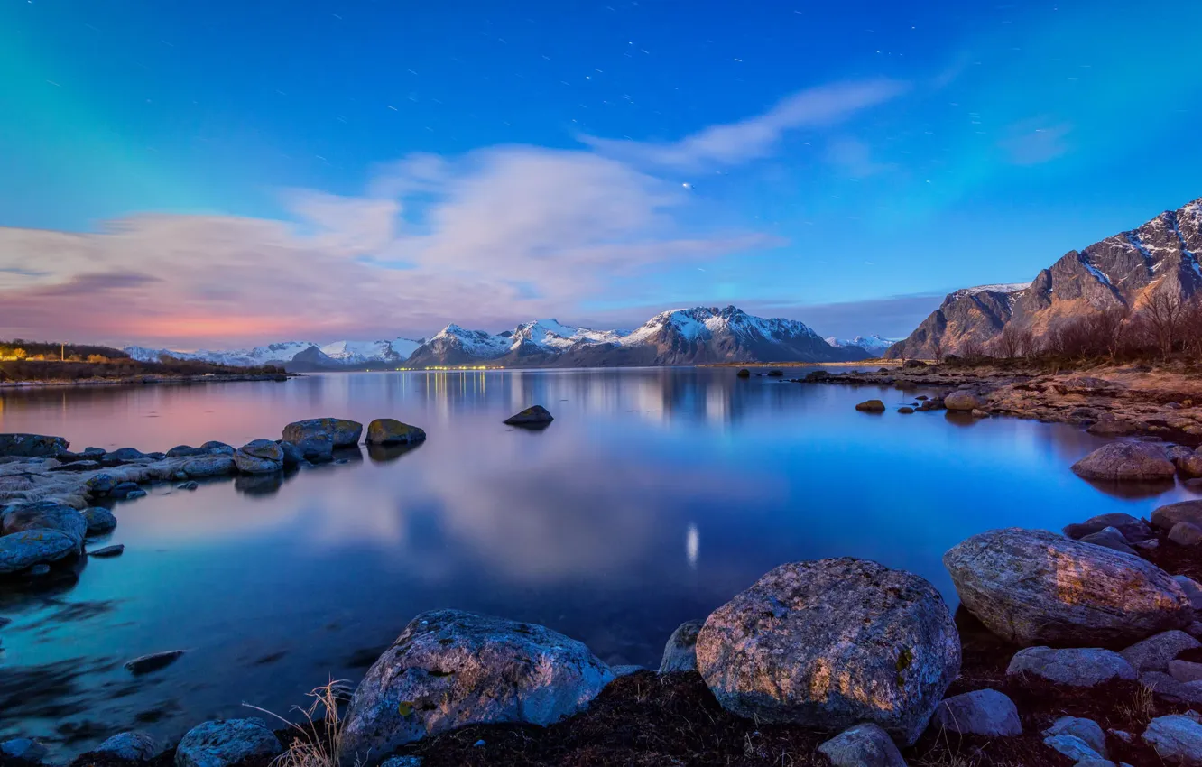 Photo wallpaper water, landscape, mountains, nature, stones, Norway, Bay, The Lofoten Islands