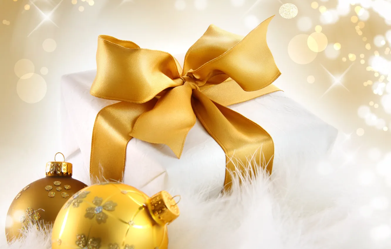 Photo wallpaper balls, gold, holiday, box, gift, balls, sequins, New Year