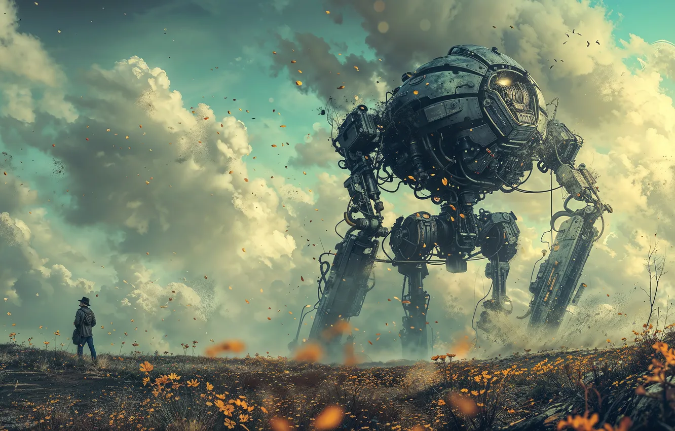 Photo wallpaper Flowers, Clouds, Robot, Two, Male