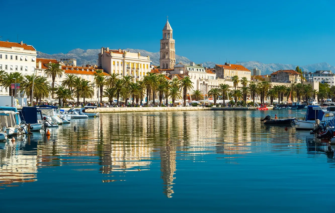 Photo wallpaper sea, the city, palm trees, boat, Marina, promenade, the reflection in the water, Croatia