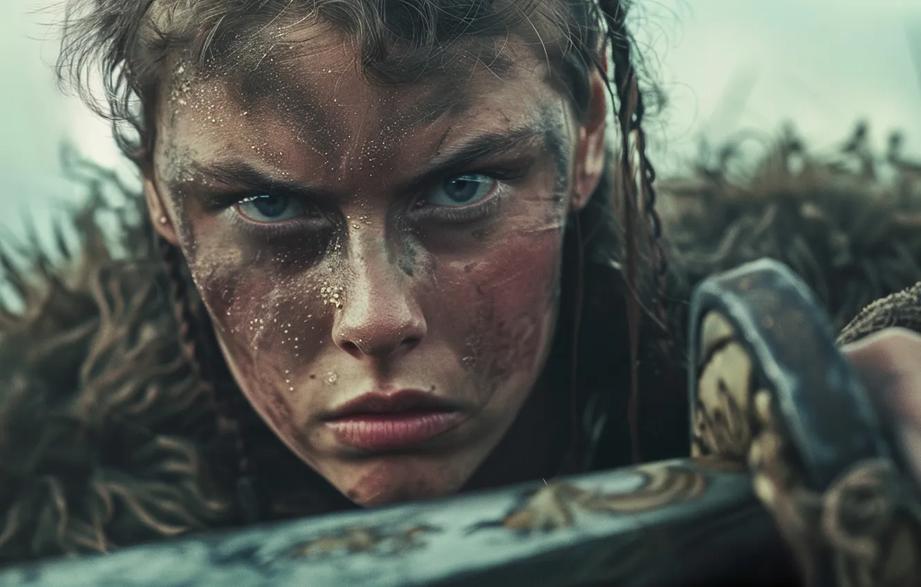 Photo wallpaper Girl, Look, Sword, Warrior, Viking, Digital art, Closeup, AI art