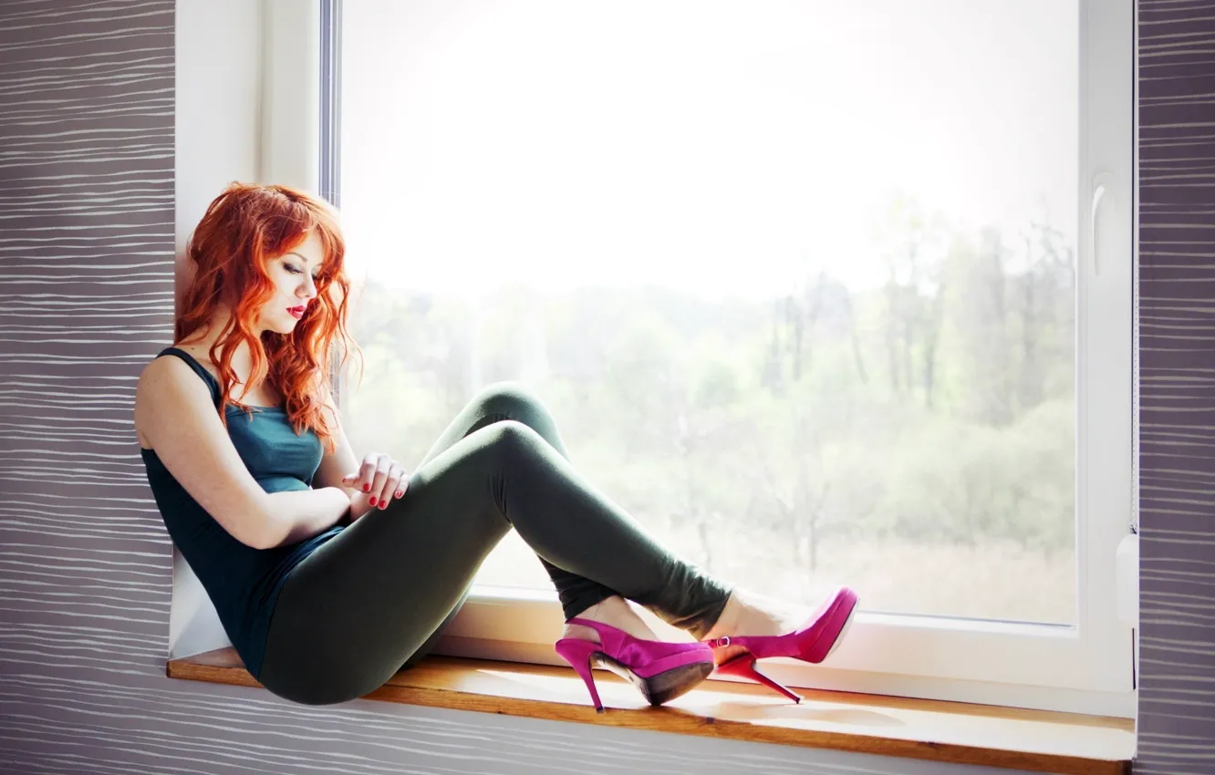 Photo wallpaper sexy, window, redhead, heels