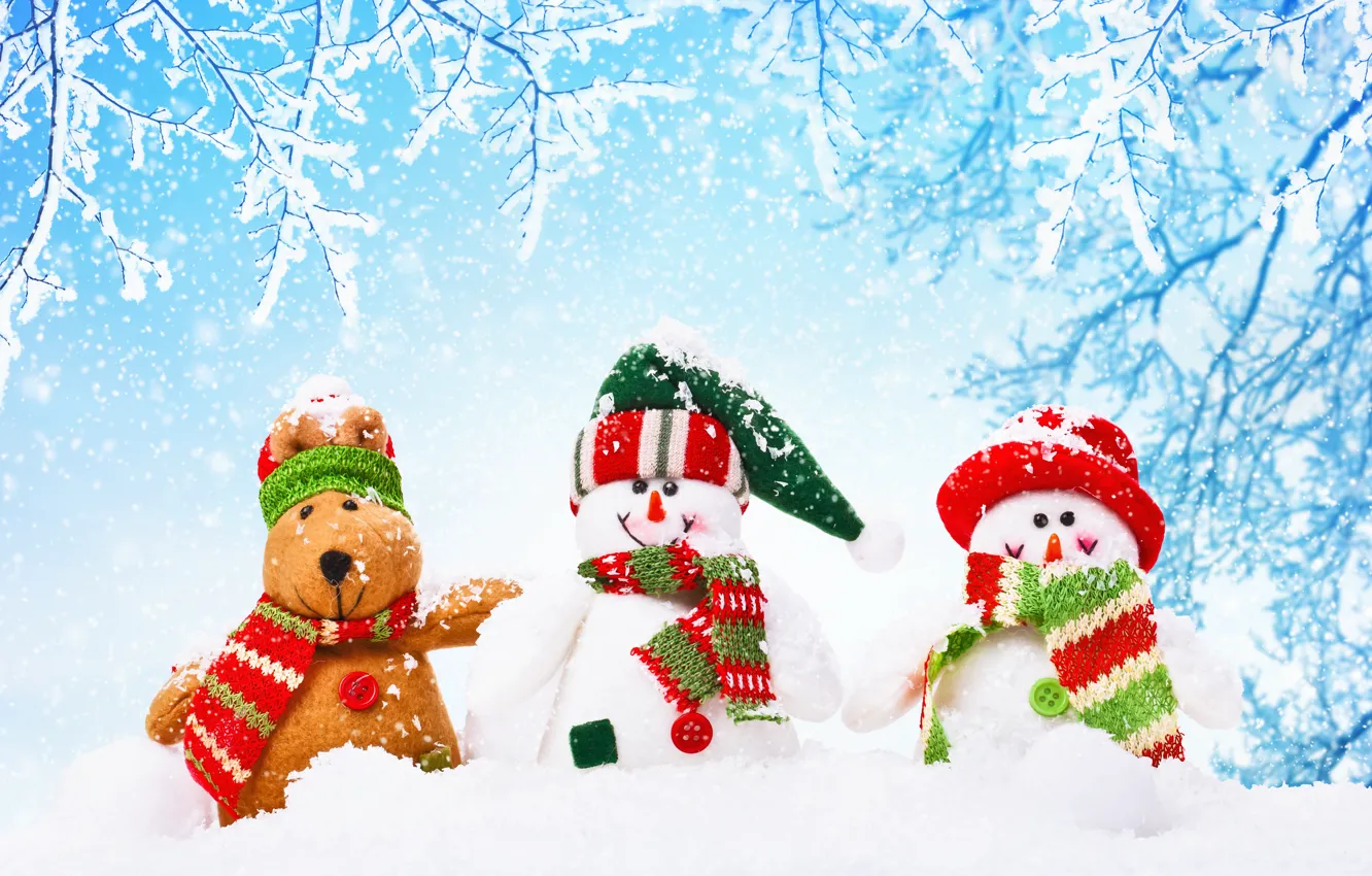 Photo wallpaper winter, snow, New Year, Christmas, snowman, Christmas, winter, snow