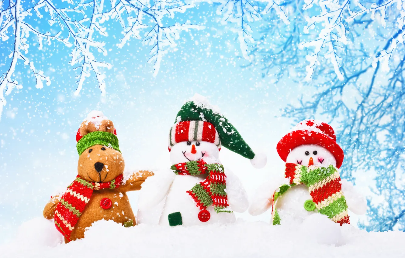 Photo wallpaper winter, snow, new year, Christmas, snowman, Christmas, winter, snow