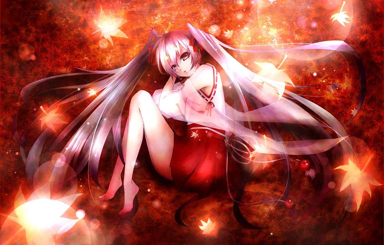 Photo wallpaper autumn, leaves, girl, art, vocaloid, hatsune miku, Vocaloid, most blind