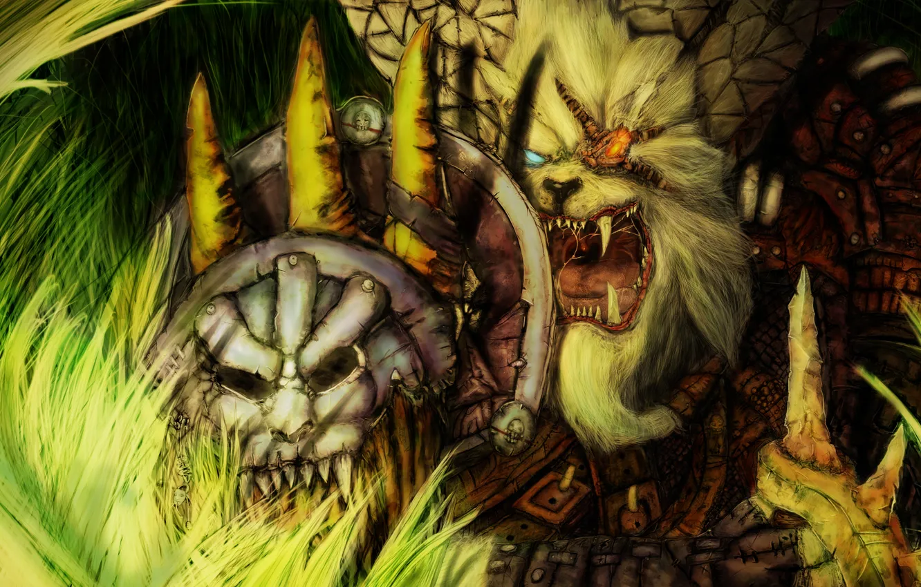 Photo wallpaper grass, eyes, warrior, art, mouth, fangs, shield, League of Legends