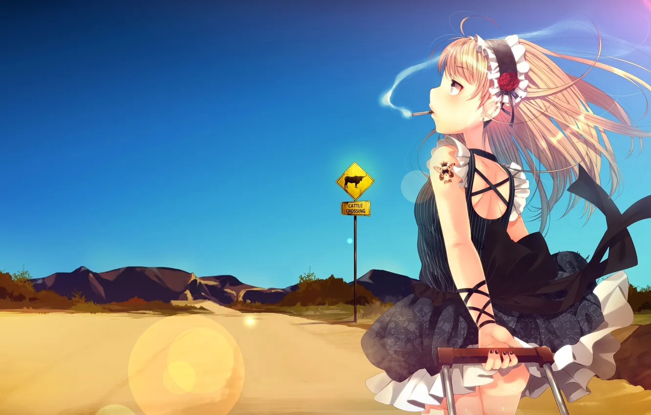 Photo wallpaper road, the sky, girl, sign, desert, smoke, anime, art