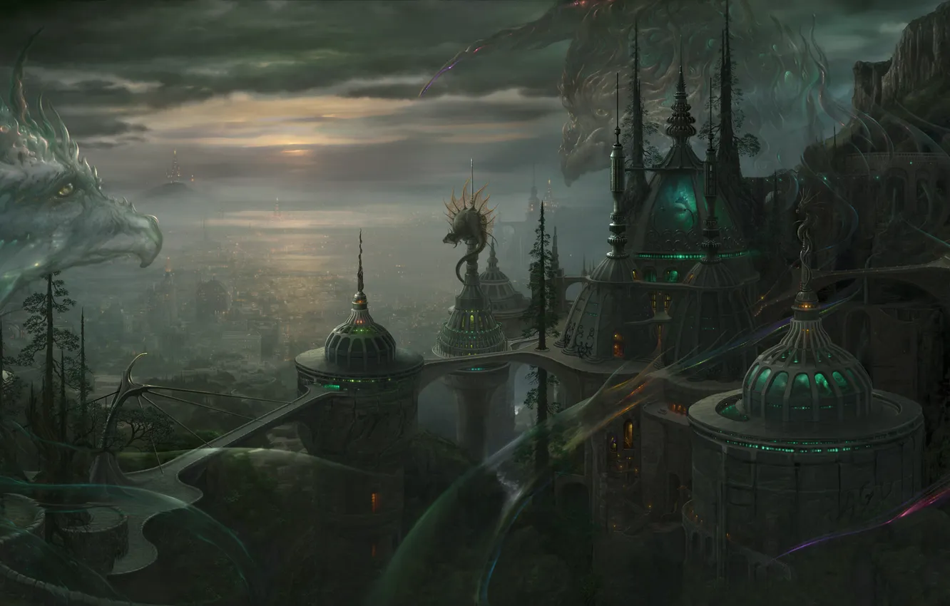 Photo wallpaper the city, future, dragon, art, ucchiey, if kazama uchio, reptile