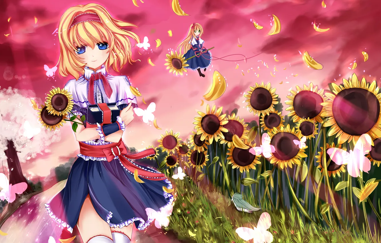 Photo wallpaper the sky, look, girl, sunflowers, smile, stream, butterfly, petals