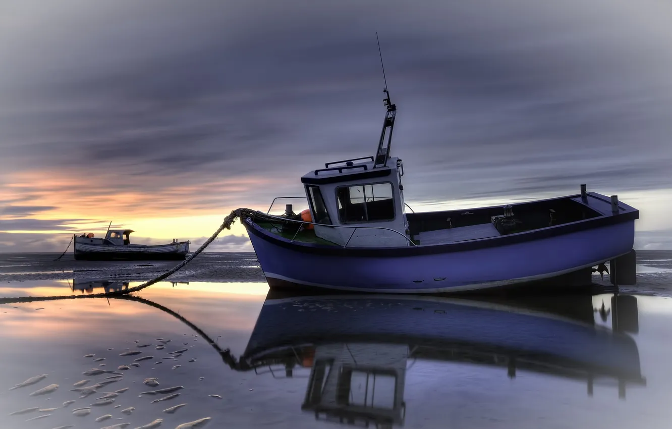 Photo wallpaper sea, landscape, sunset, ships, boats