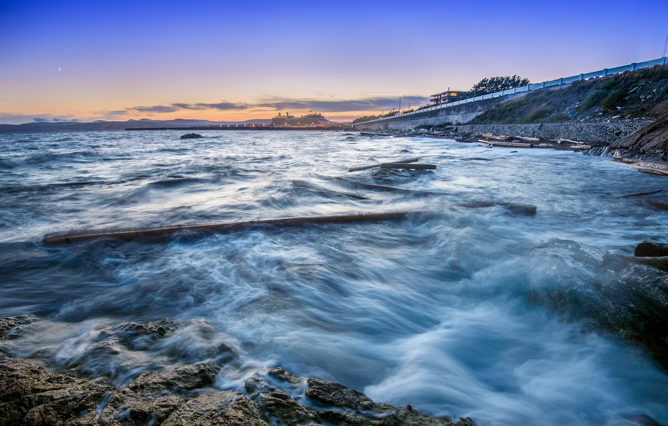 Photo wallpaper sea, lights, shore, the evening, Bay, twilight