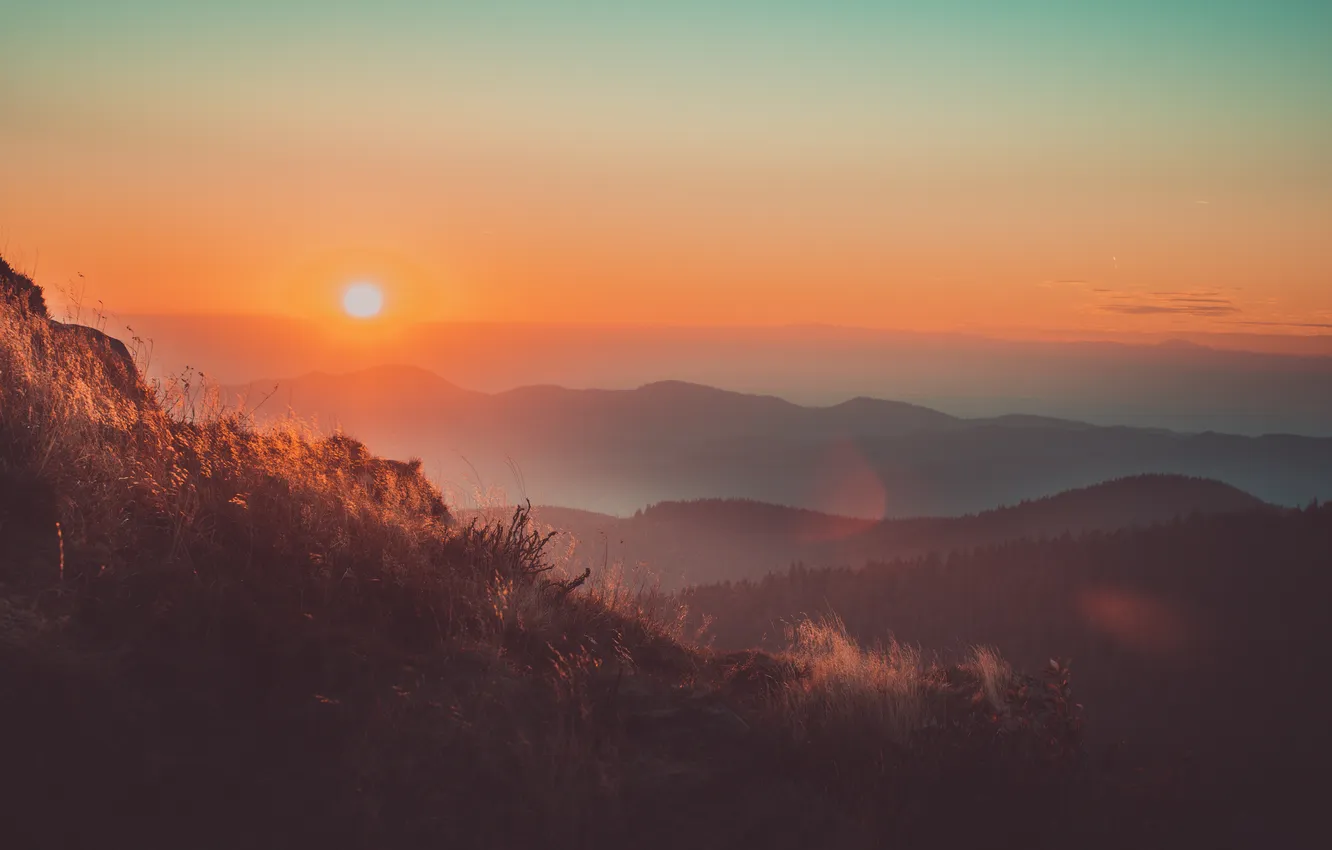 Photo wallpaper clouds, sunrise, hills, silhouette, orange sky