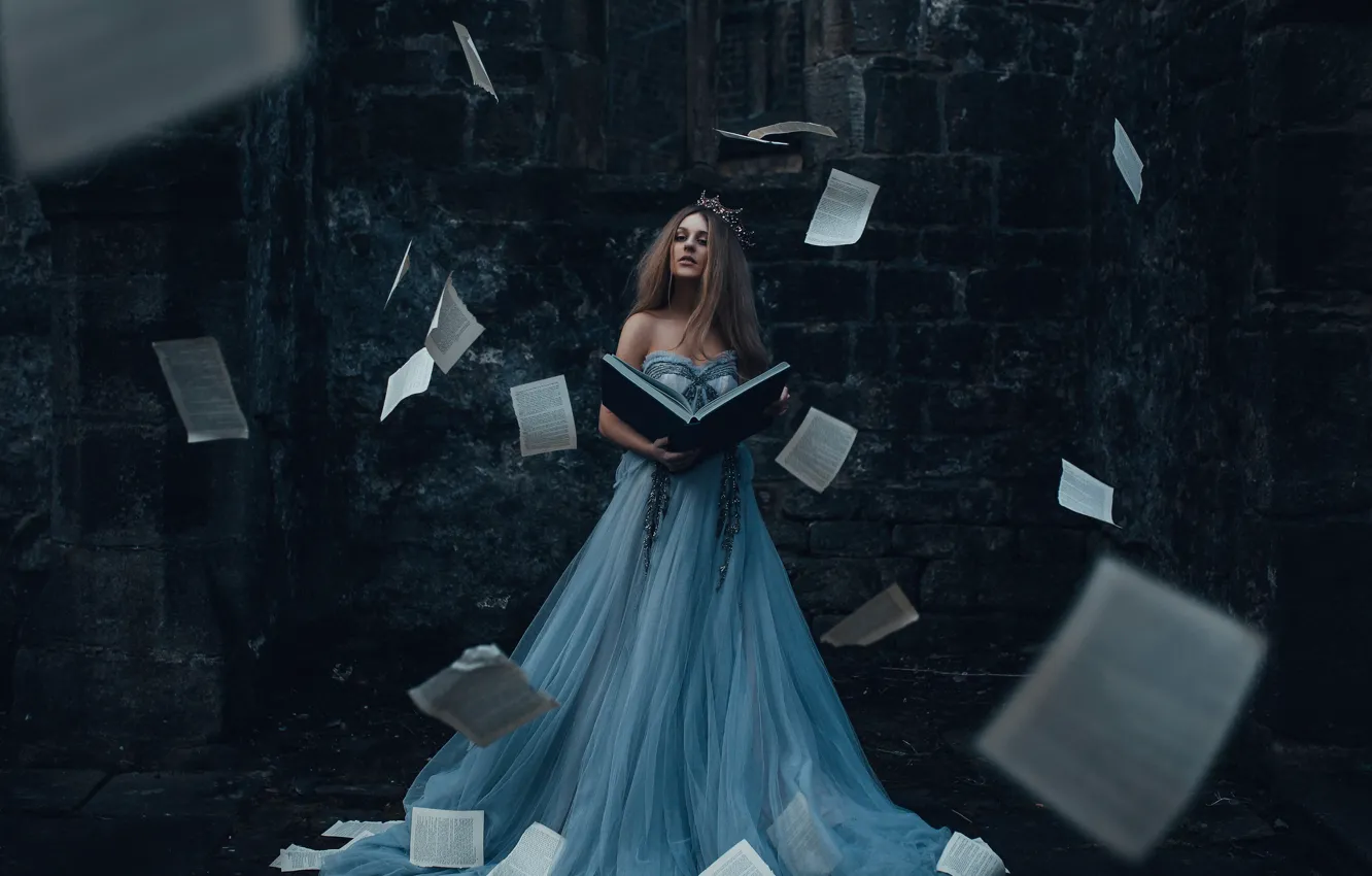 Photo wallpaper girl, dress, book, page, Bird Man, The Storyteller