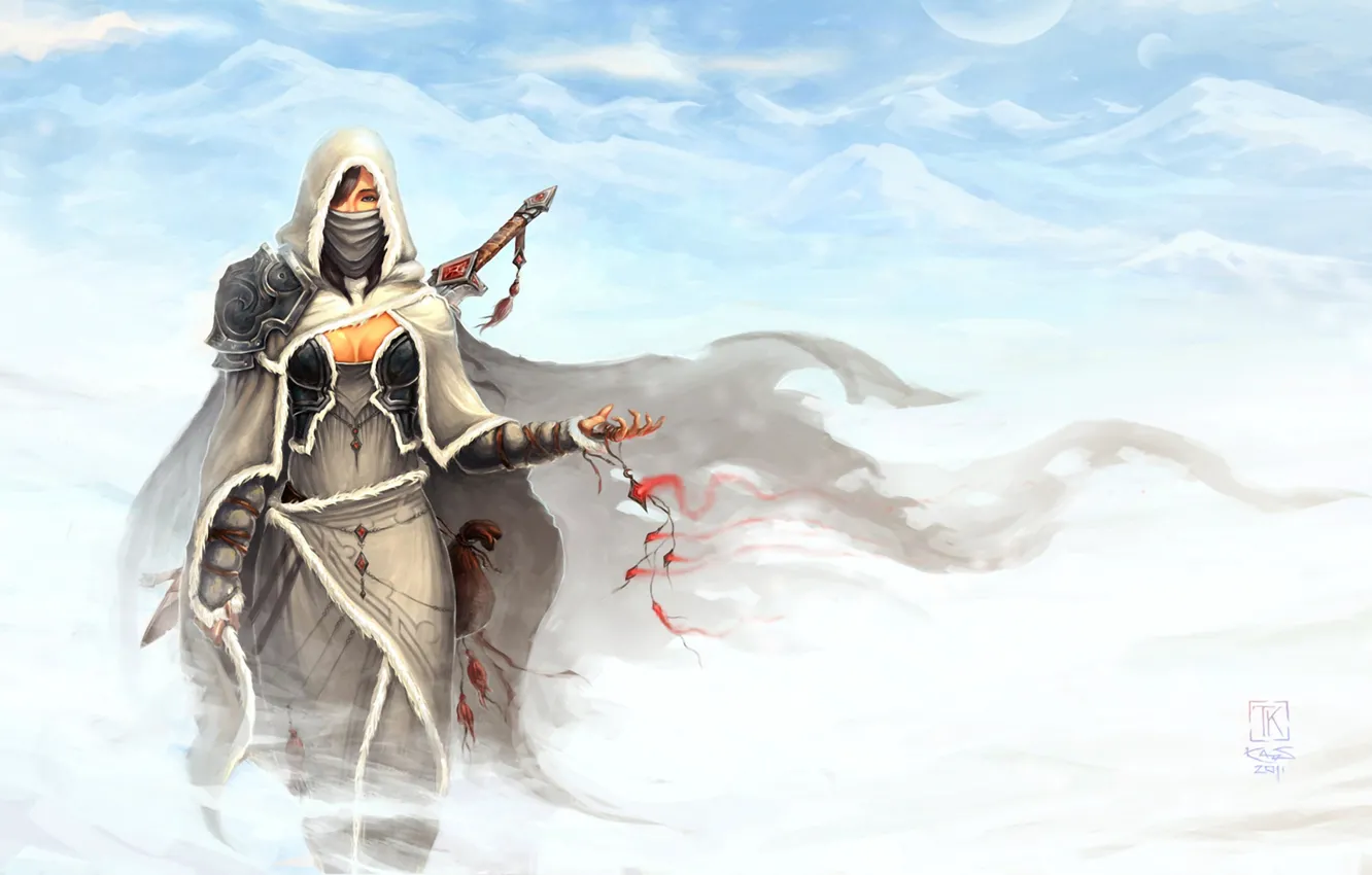 Photo wallpaper girl, snow, mountains, the wind, magic, sword, hood, amulet