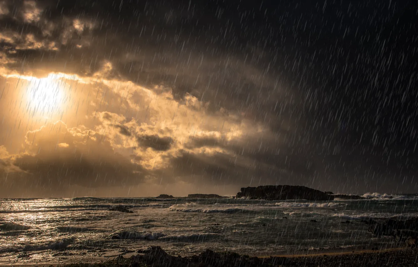 Photo wallpaper sea, the sky, drops, clouds, rain, the shower