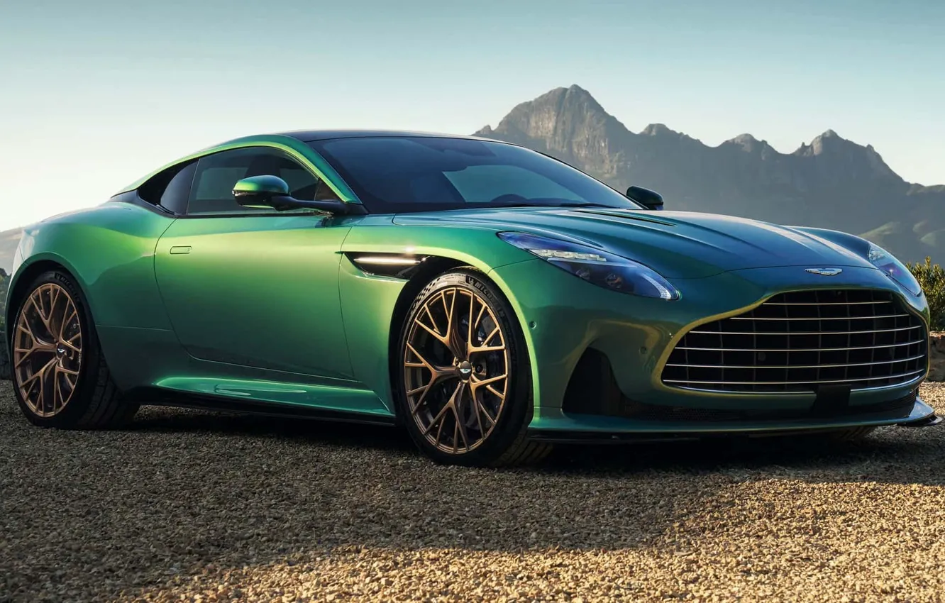 Photo wallpaper Aston Martin, sky, mountains, sports coupe, exterior, gravel, 2023, sports coupe