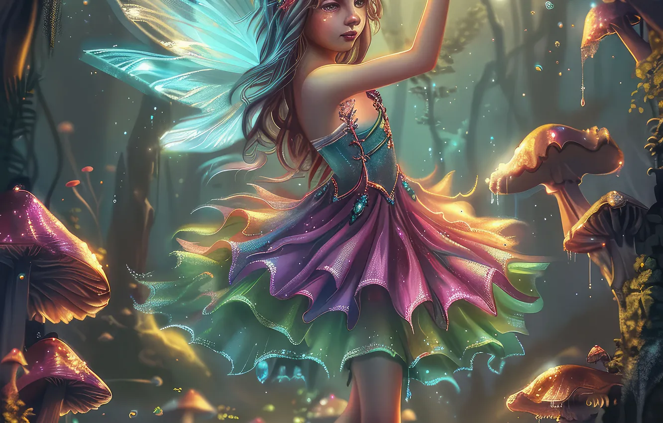 Photo wallpaper Girl, Forest, Mushrooms, Hair, Wings, Fairy, Digital art, AI art