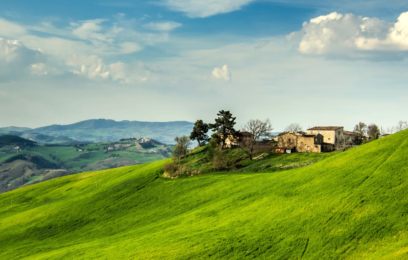 Photo wallpaper the sky, grass, trees, mountains, house, Italy