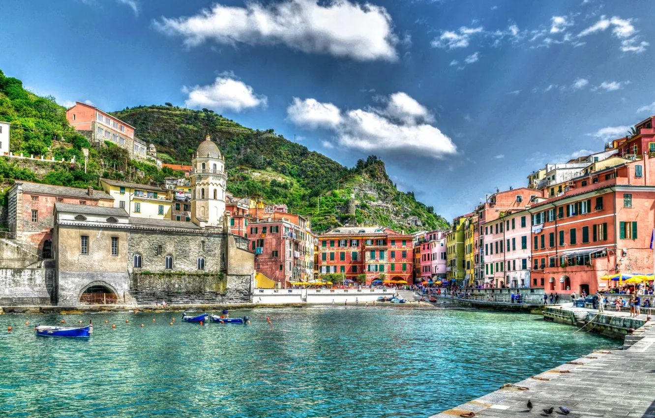 Photo wallpaper Italy, clouds, houses, boats, Cities, Vernazza, Port