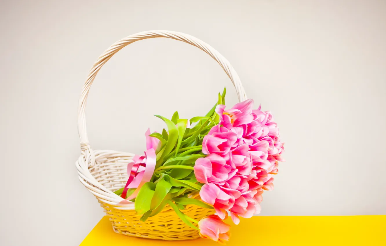 Photo wallpaper table, tulips, basket