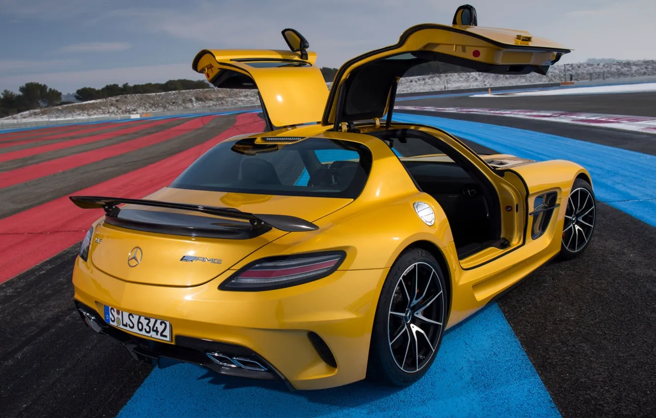 Photo wallpaper yellow, Mercedes-Benz, door, Mercedes, rear view, AMG, SLS, Black Series