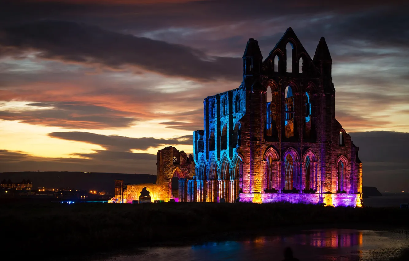 Photo wallpaper night, lights, England, Whitby Abbey, North Yorkshire