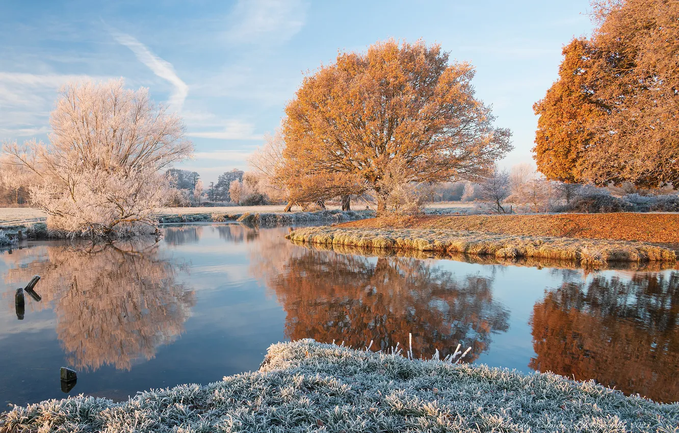 Photo wallpaper frost, autumn, trees, landscape, nature, reflection, river