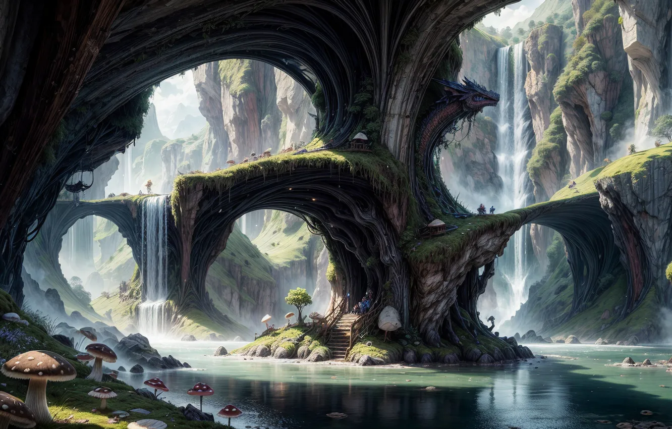 Photo wallpaper landscape, dragon, arch, structure