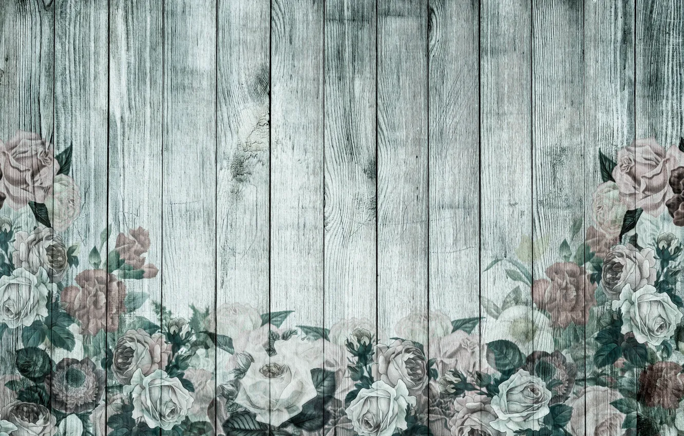 Photo wallpaper flowers, retro, Wallpaper, roses, wood, vintage