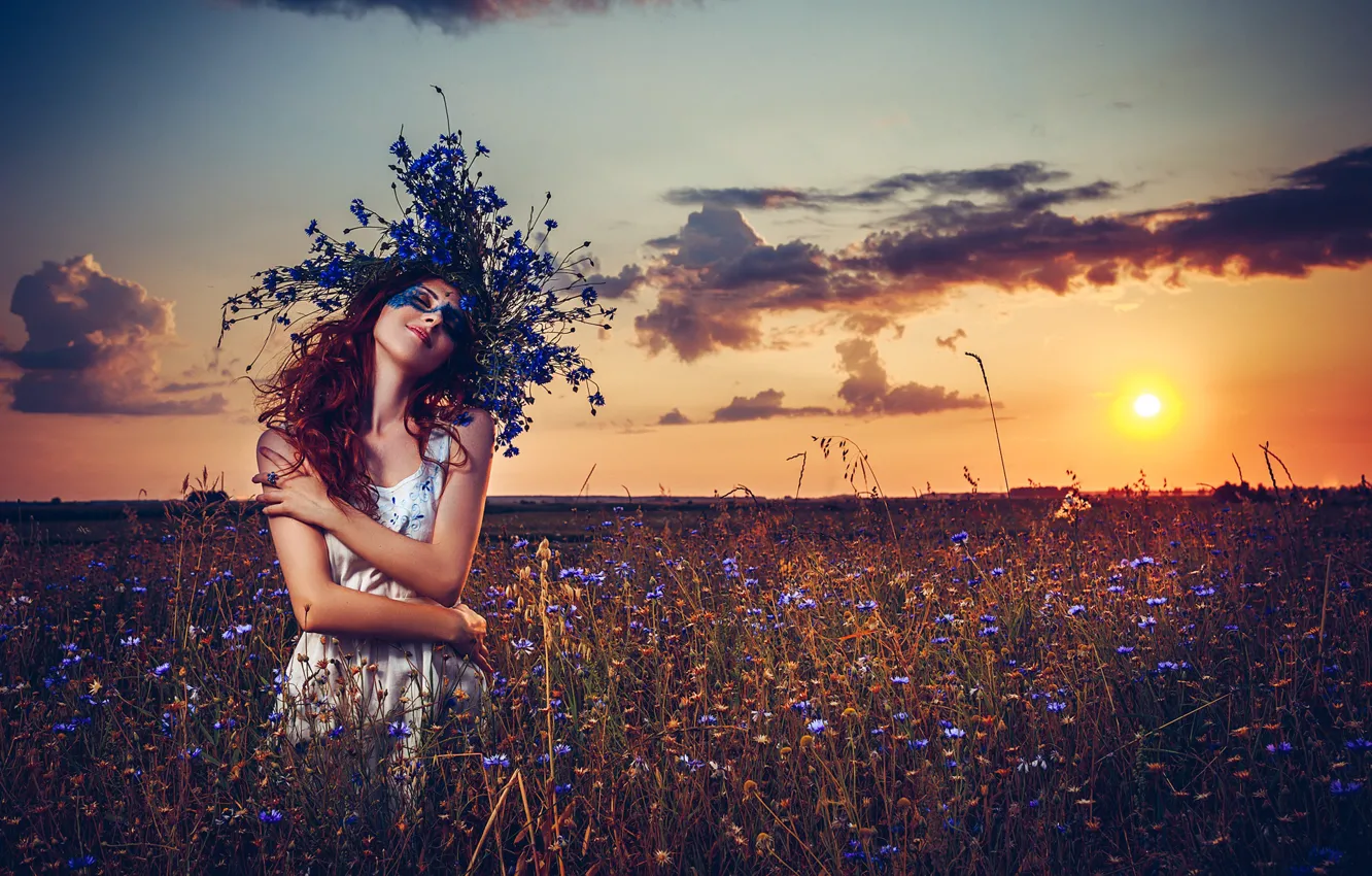 Photo wallpaper field, summer, girl, sunset, flowers, pose, axe, wreath