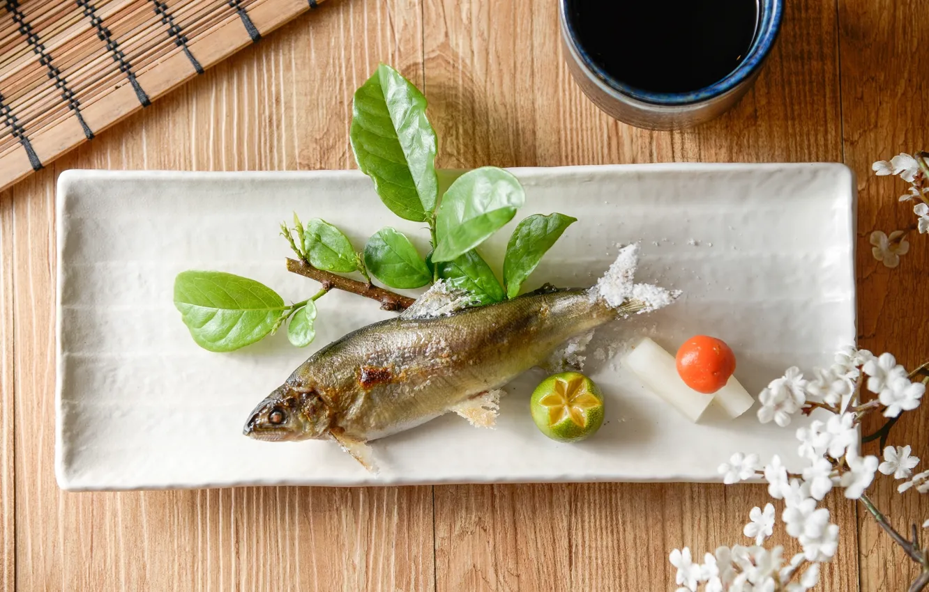 Photo wallpaper fish, lime, sauce