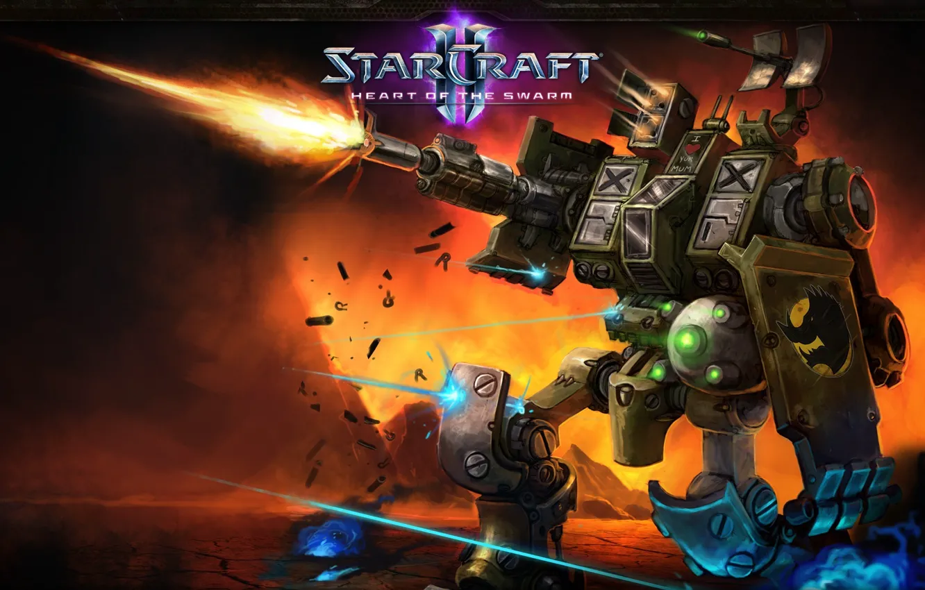 Photo wallpaper fire, gun, starcraft 2, robot, heart, Terran, Heart of The Swarm