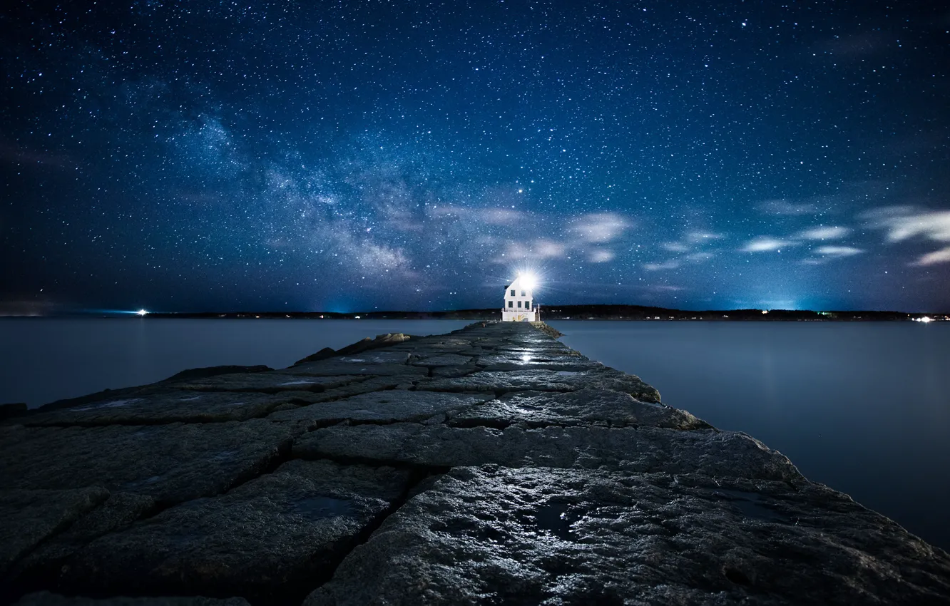Photo wallpaper the sky, stars, light, lighthouse, island, The Atlantic ocean, USА