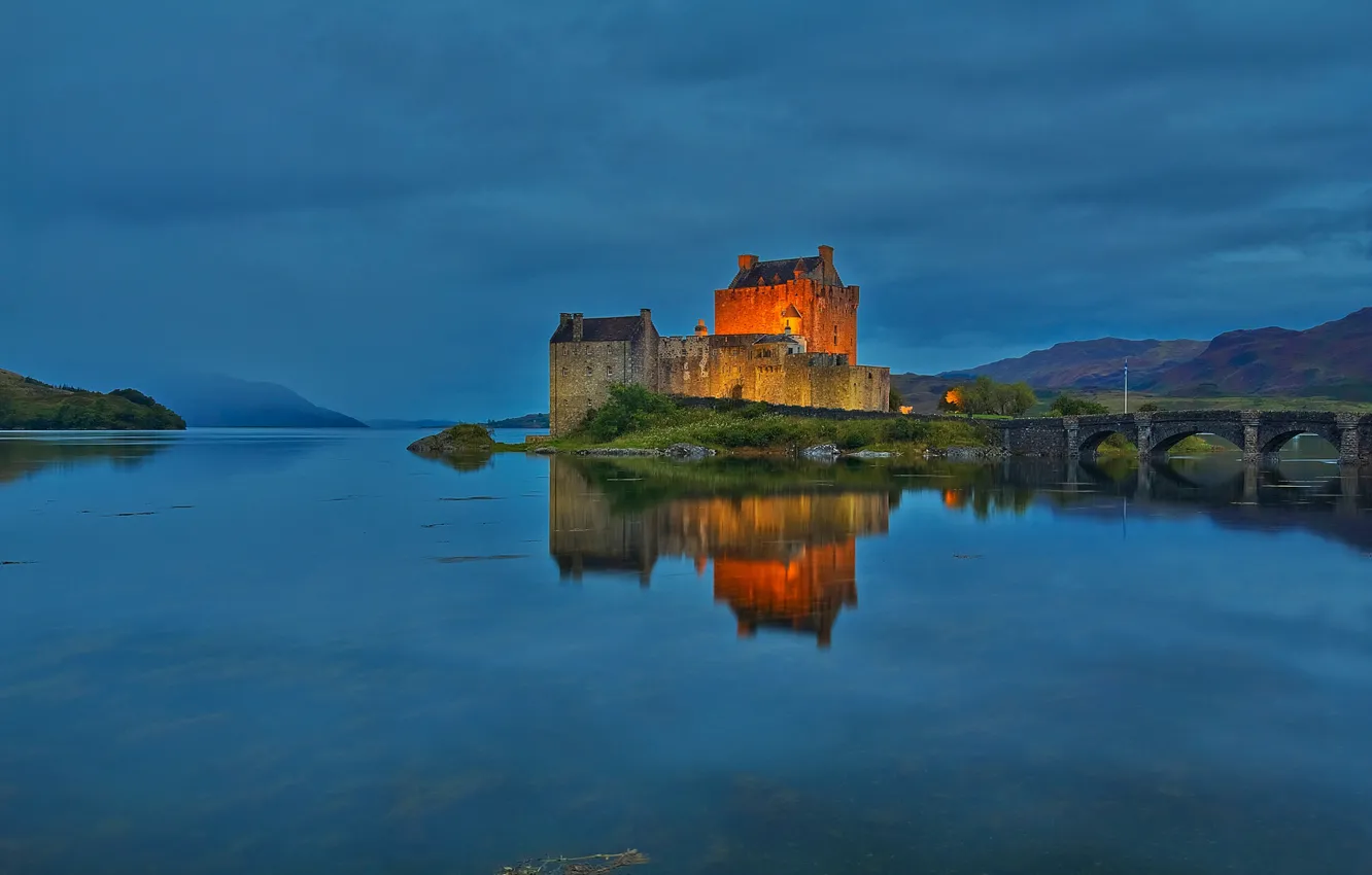 Photo wallpaper night, lights, lake, castle, Scotland, Eilean Donan