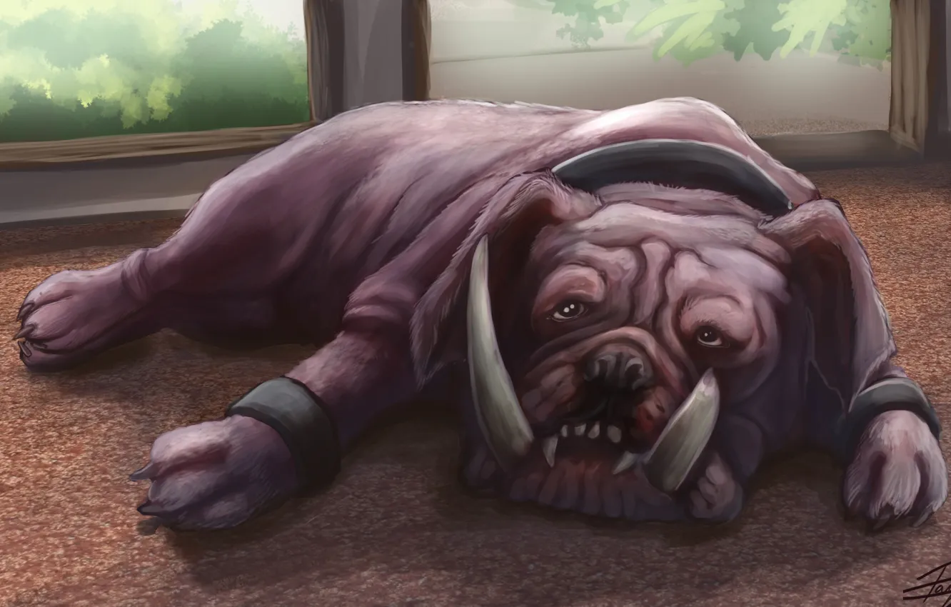 Photo wallpaper room, dog, art, floor, fangs, bulldog, lying