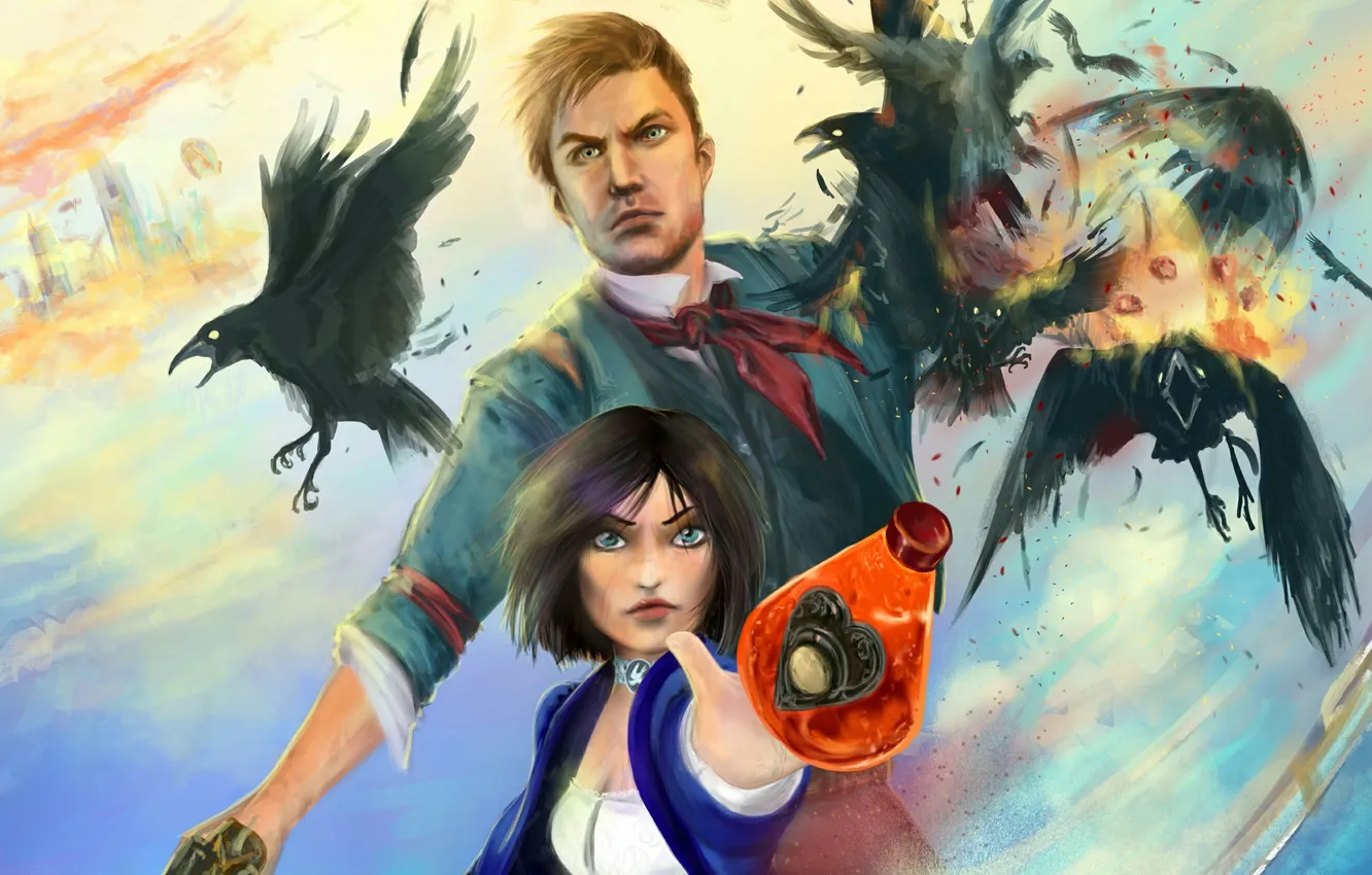Photo wallpaper art, crows, bioshock, Infinite, Elizabeth, Booker DeWitt