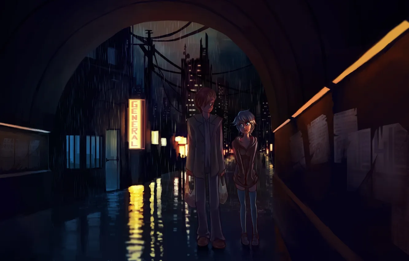Photo wallpaper girl, night, rain, the tunnel, guy