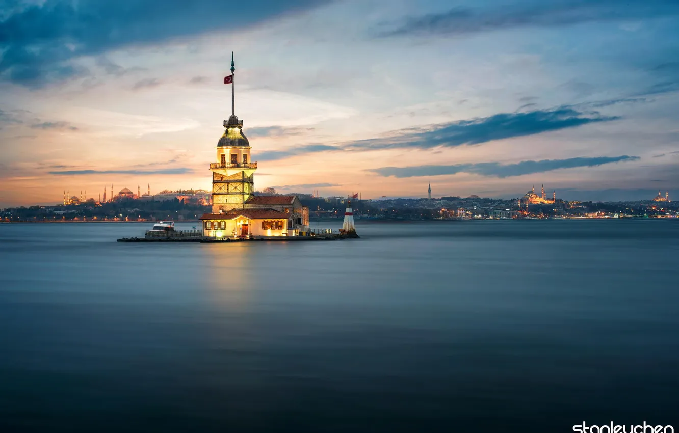 Photo wallpaper sea, sunset, the city, shore, coast, construction, the evening, island