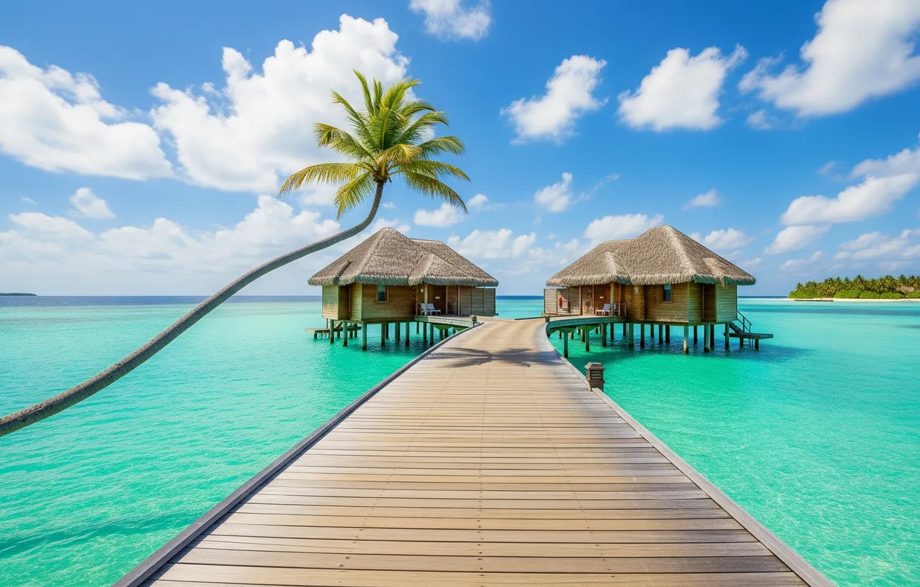 Photo wallpaper the sky, clouds, tropics, the ocean, Wallpaper, wallpaper, Bungalow, sky