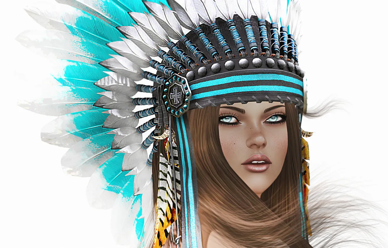 Photo wallpaper look, girl, face, background, hair, feathers, headdress