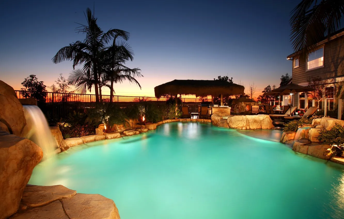 Photo wallpaper stones, palm trees, waterfall, home, pool, Jacuzzi, pool, sunbeds