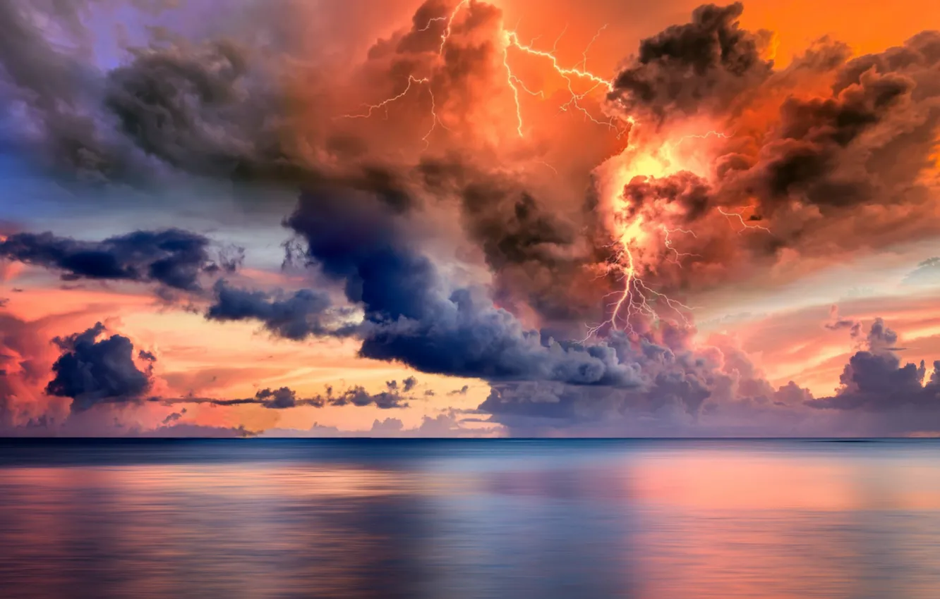 Photo wallpaper sea, the storm, the sky, lightning