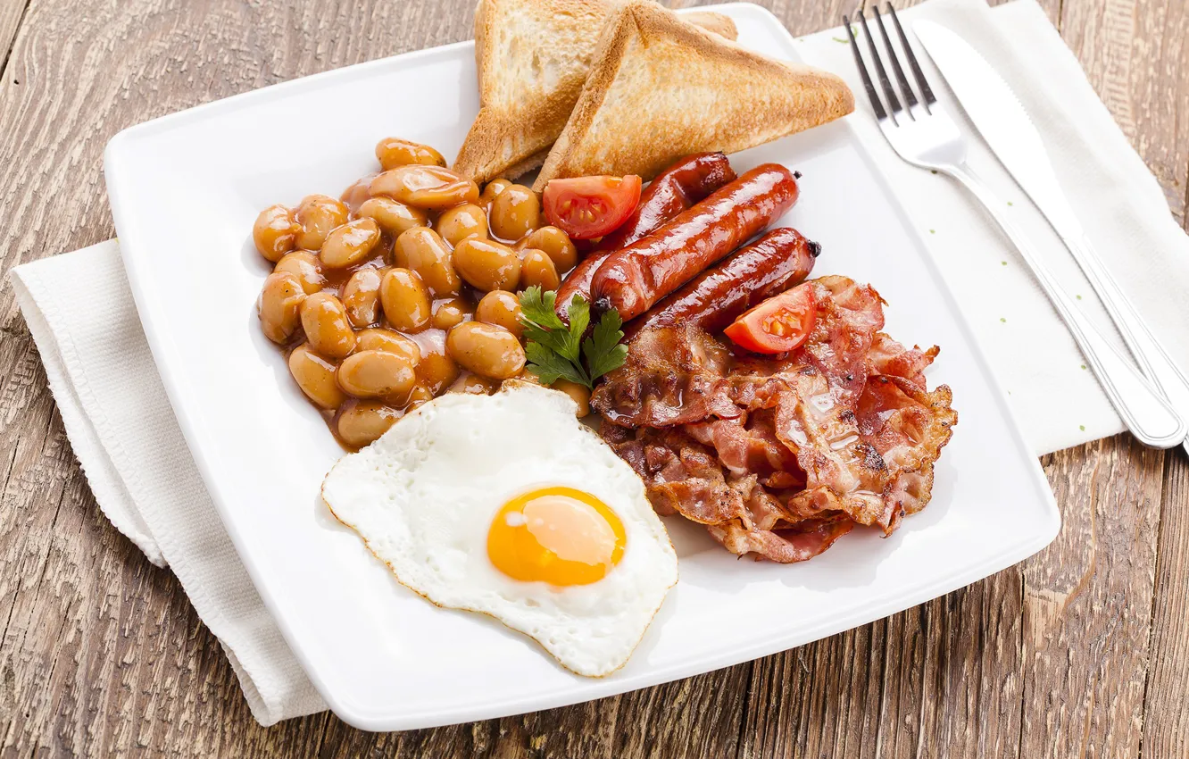 Photo wallpaper sausage, bread, scrambled eggs, tomatoes, bacon