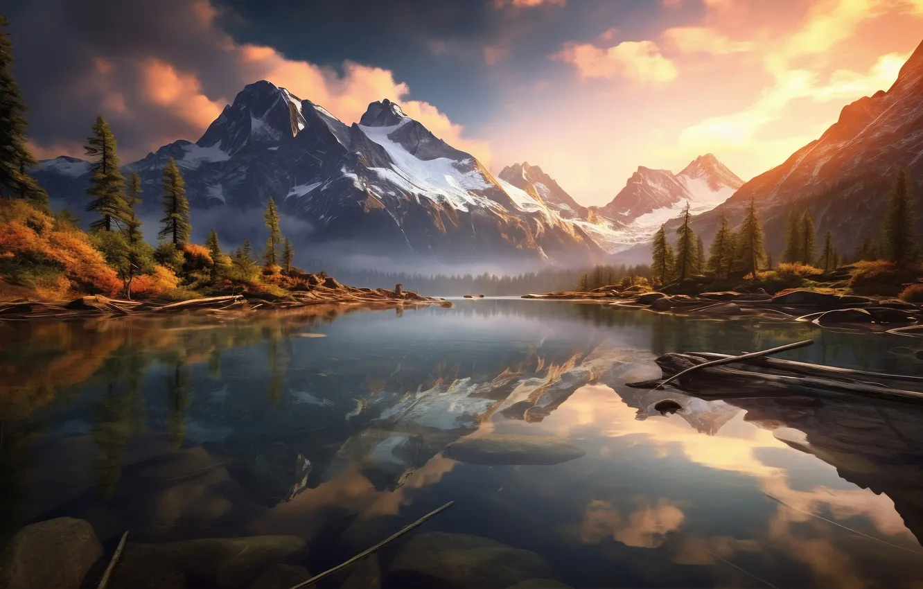 Photo wallpaper autumn, forest, the sky, clouds, light, snow, mountains, fog