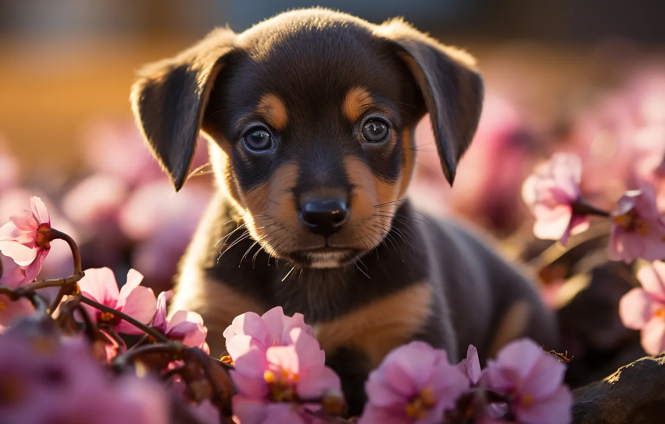Photo wallpaper look, light, flowers, branches, dog, spring, puppy, Dachshund